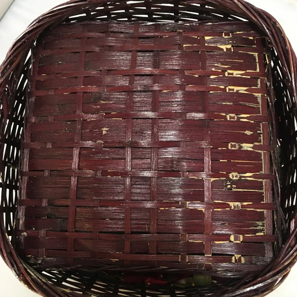 Woven Splint Basket OS Brown Pink Flower Pattern Square Basket Cottagecore